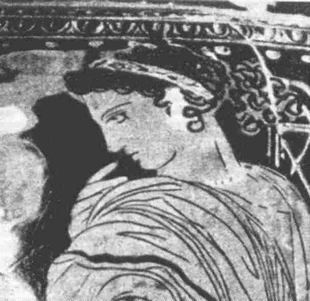 Junge Athenerin vor einer Braut. Ausschnitt aus einem Bild auf einem attischen Hochzeitsgefäß  (um 330 v.Chr.)