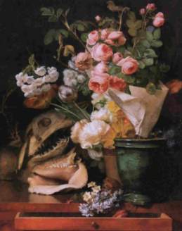 Antoine Berjon (1754-1843) - Rosen und andere Blumen, Muscheln, Haifischkopf und Versteinerungen