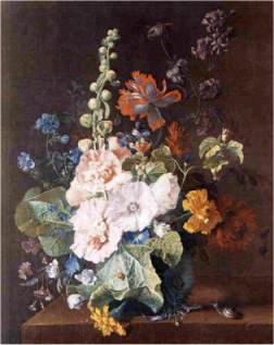 Jan van Huysum (1682-1749) - Stockrosen und andere Blumen in einer Vase